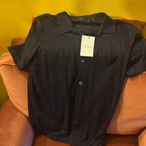 Theory Men's Dark Blue/black linen short sleeve shirt